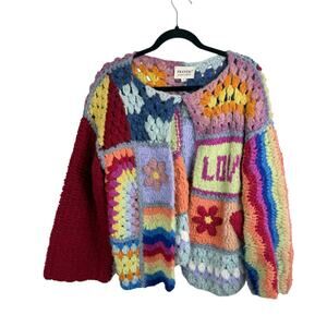 Frantic Alpaca Blend Patchwork Crochet Love Sweater Bohemian Handmade M